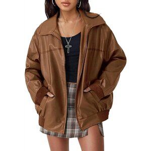 Women's Brown Faux Leather Zip-Up Jacket with Ribbed Cuffs and Pockets